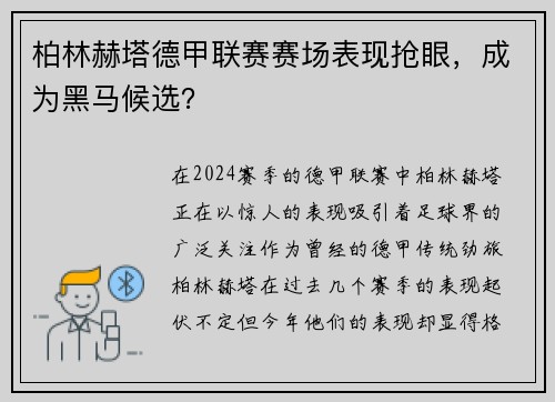 柏林赫塔德甲联赛赛场表现抢眼，成为黑马候选？